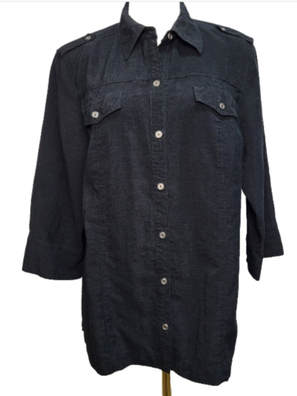Chico's Size 2 (Reg. Large) Black Shirt 3/4 Sleeves Shoulder Tabs Gold Buttons